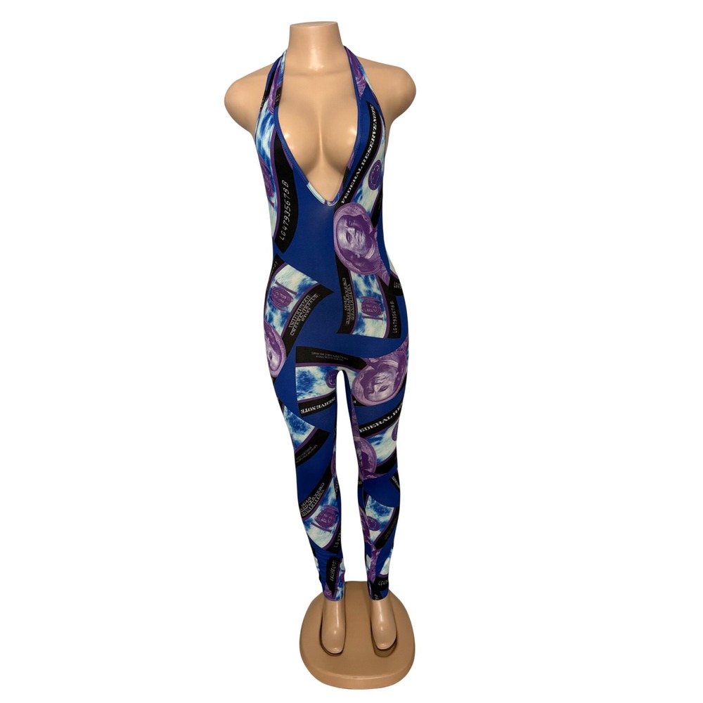 Fashion Nova Women Blue Purple Money Print Halter Deep V Open Back Jumpsuit S
